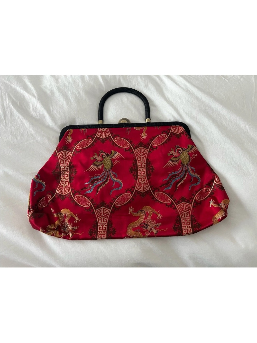 Shanghai Tang Vintage Red Embroidered Silk Frame-Top Handbag
